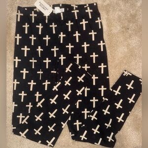 Black leggings with cross design pants stretch L